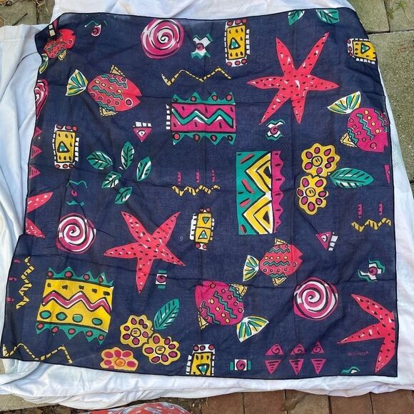 Vintage 80s ECHO  Cotton Voile Scarf SEASIDE Tropical Fish 34" x 34" - Picture 1 of 3